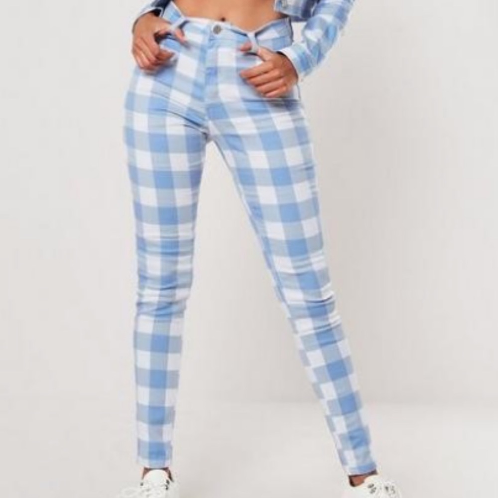 Blue Gingham Checkered High Waited Jeans